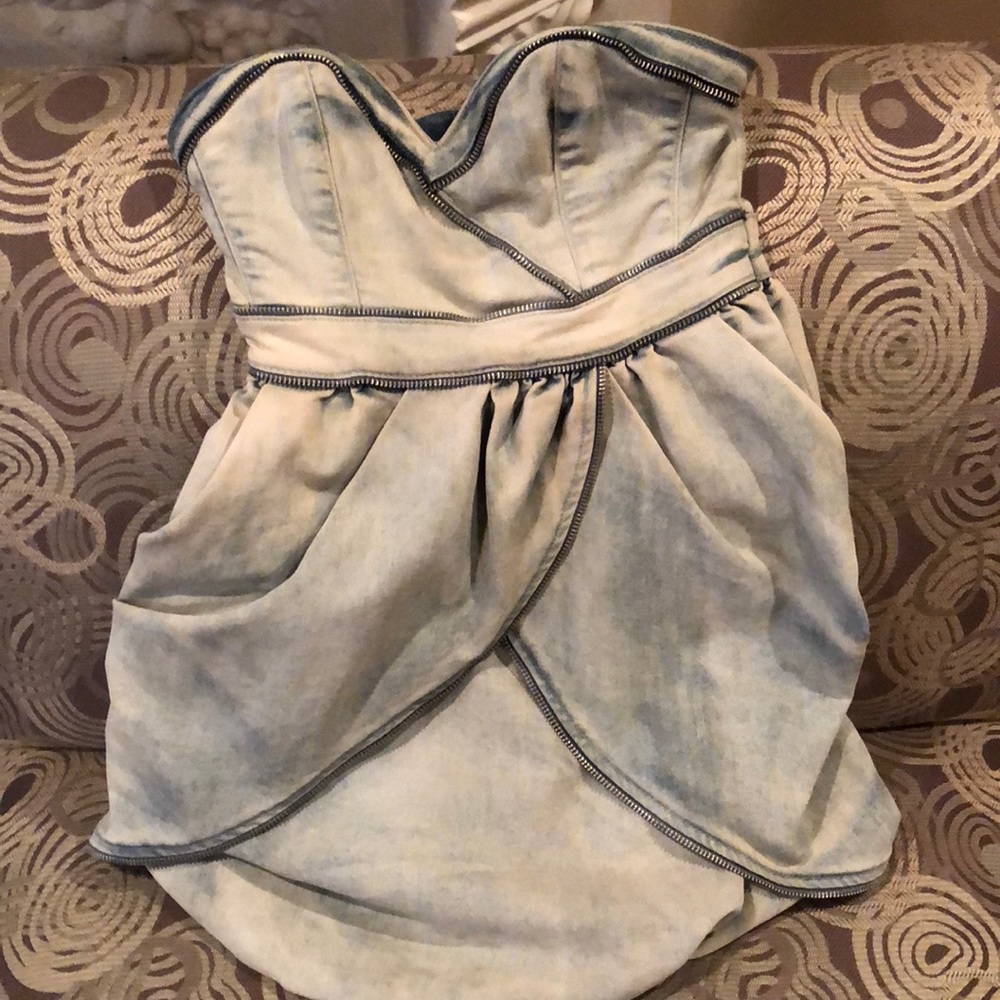 Guess denim bubble hem strapless sweetheart dress